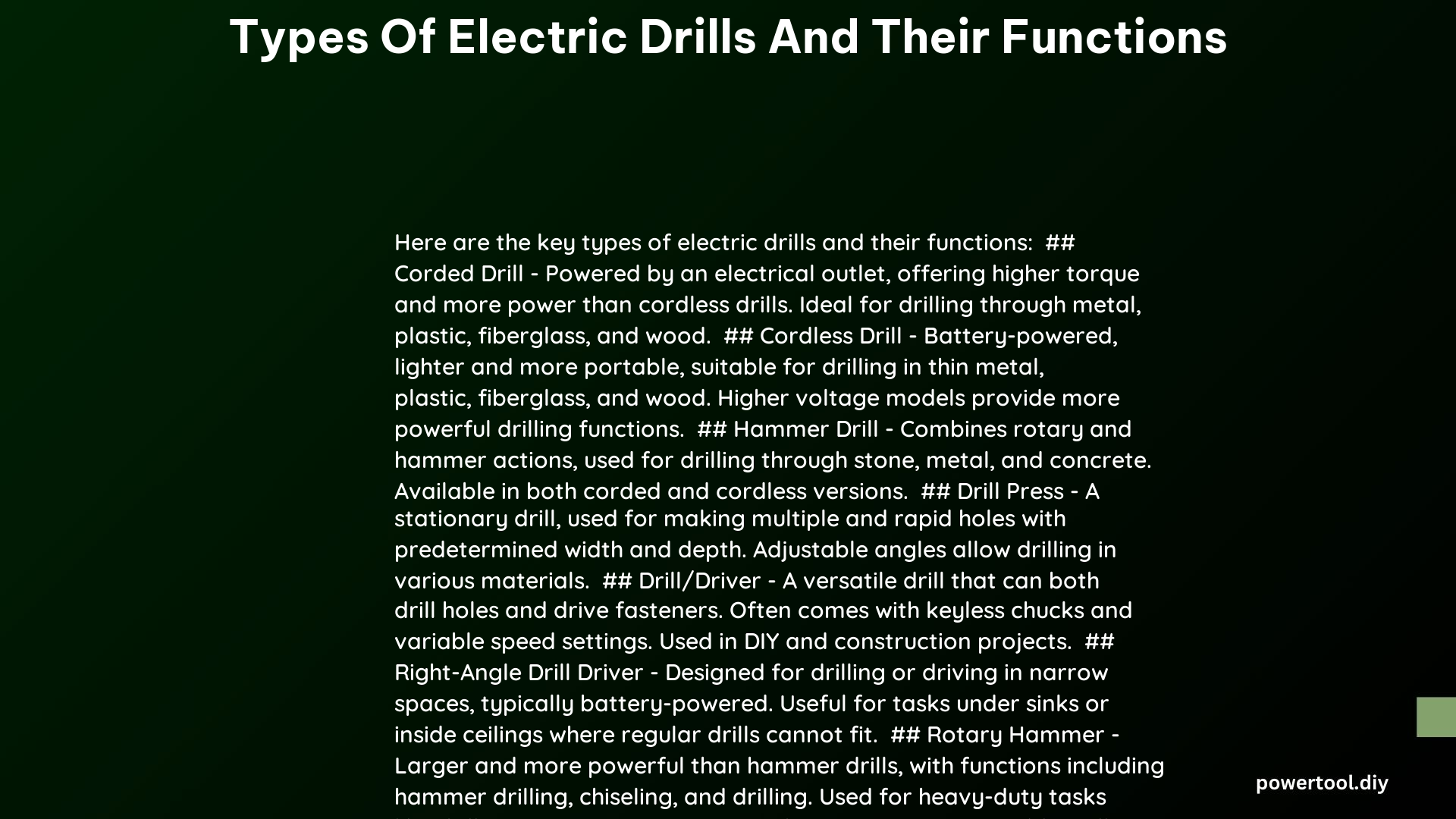 types of electric drills and their functions